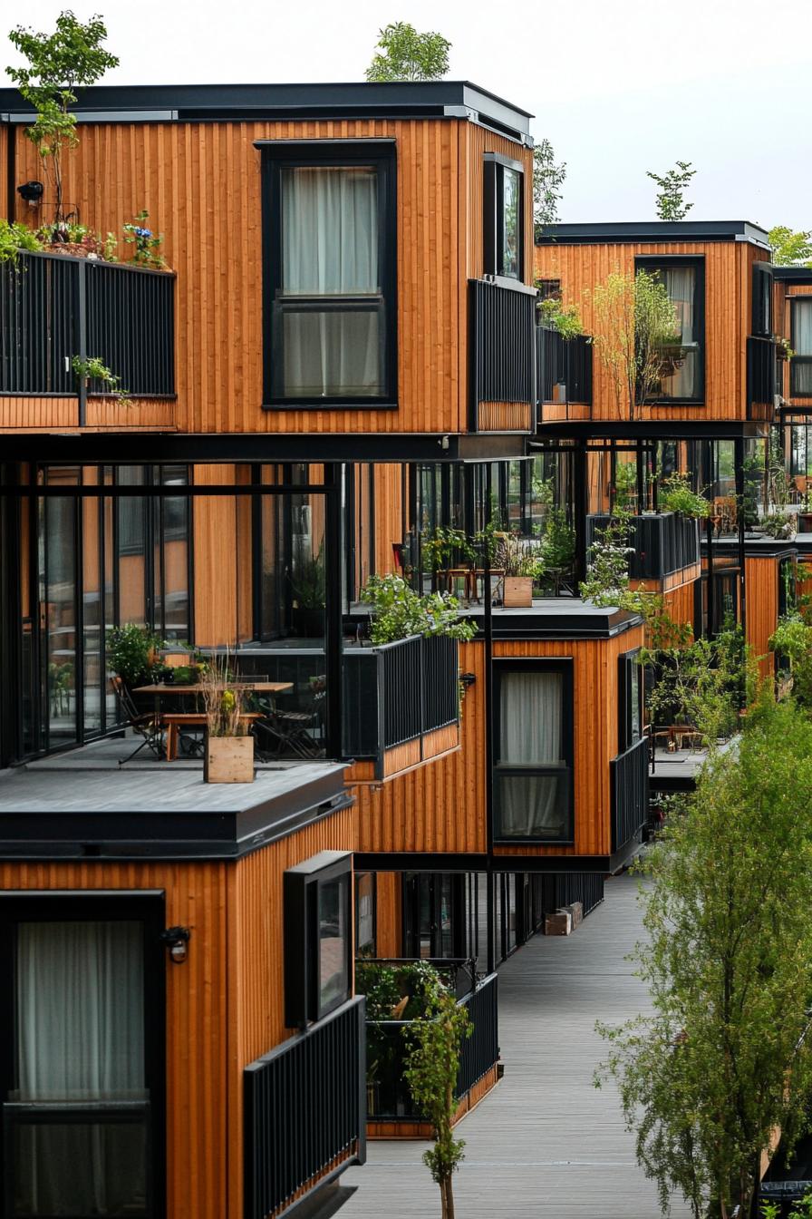 a modern container apartment building with series of small apartment blocks with natural wood cladding small patios