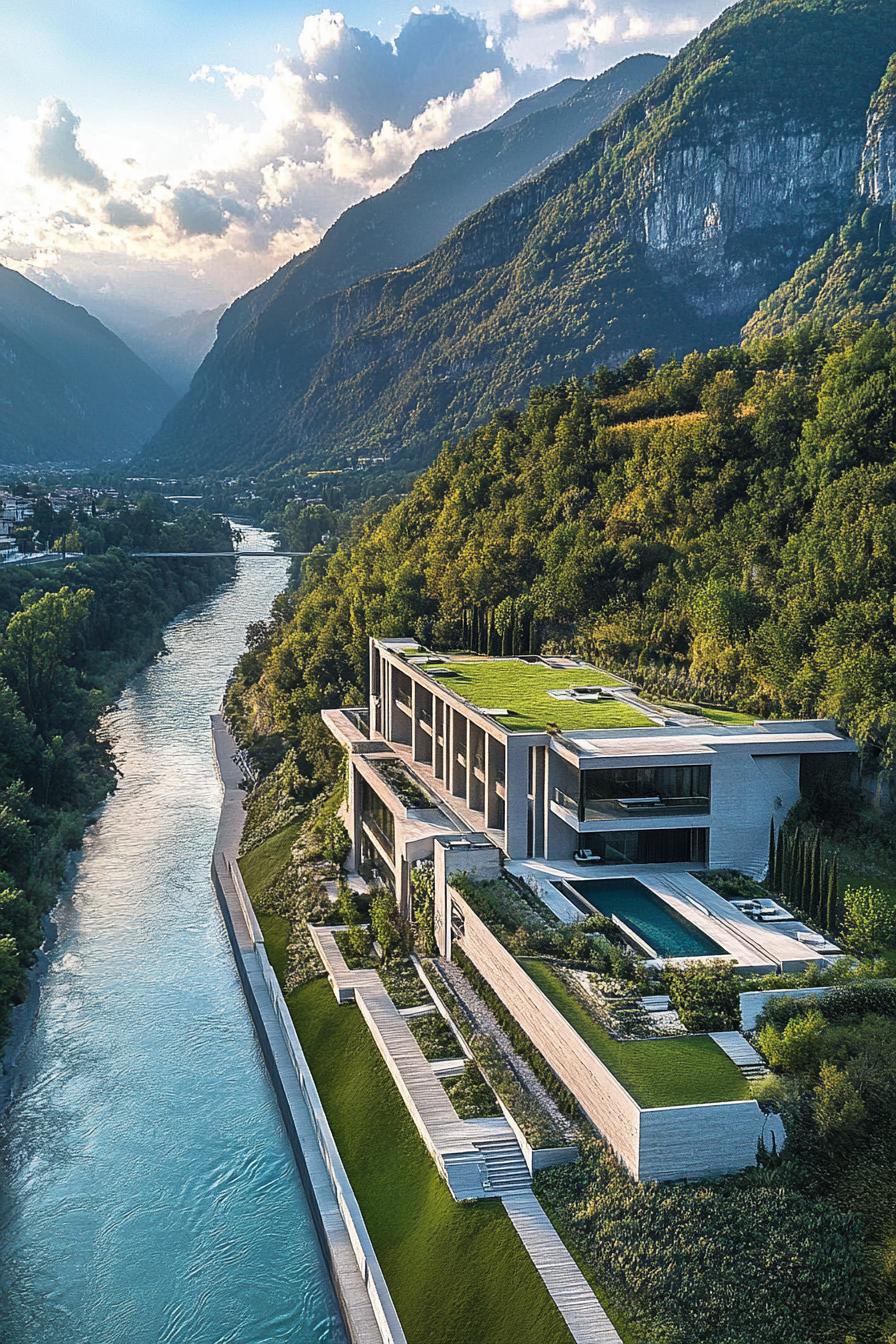 aerial view of a long modern mansion estate along a mountain river with gardens 1