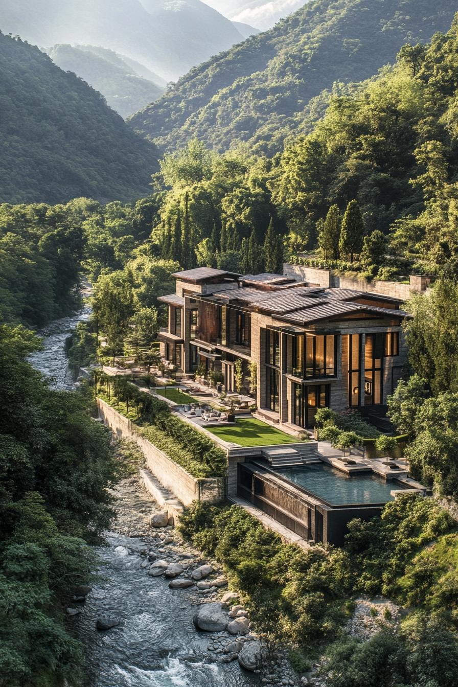 aerial view of a long modern mansion estate along a mountain river with gardens