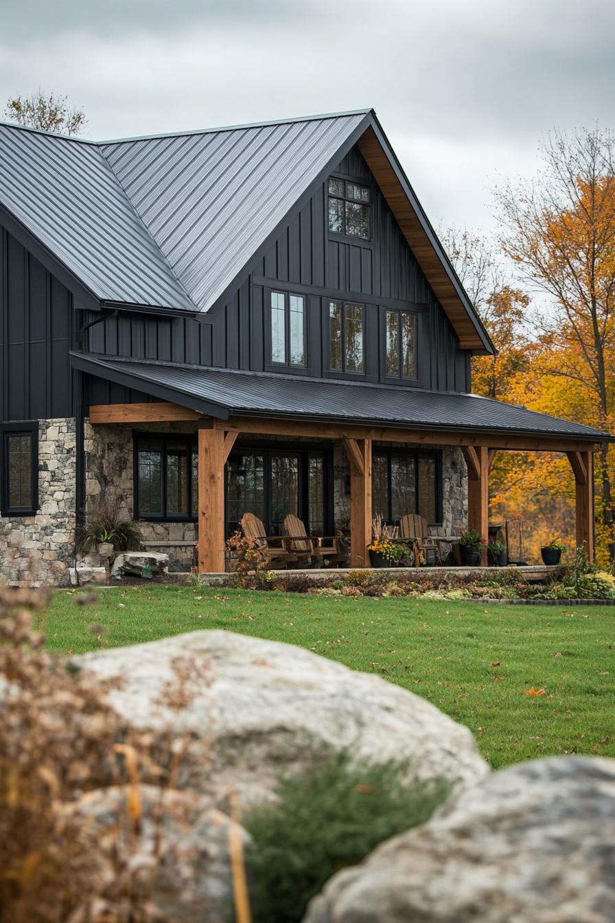 barn home with large gambrel roof rustic siding modern windows large porch with metal siding farmland landscape 1