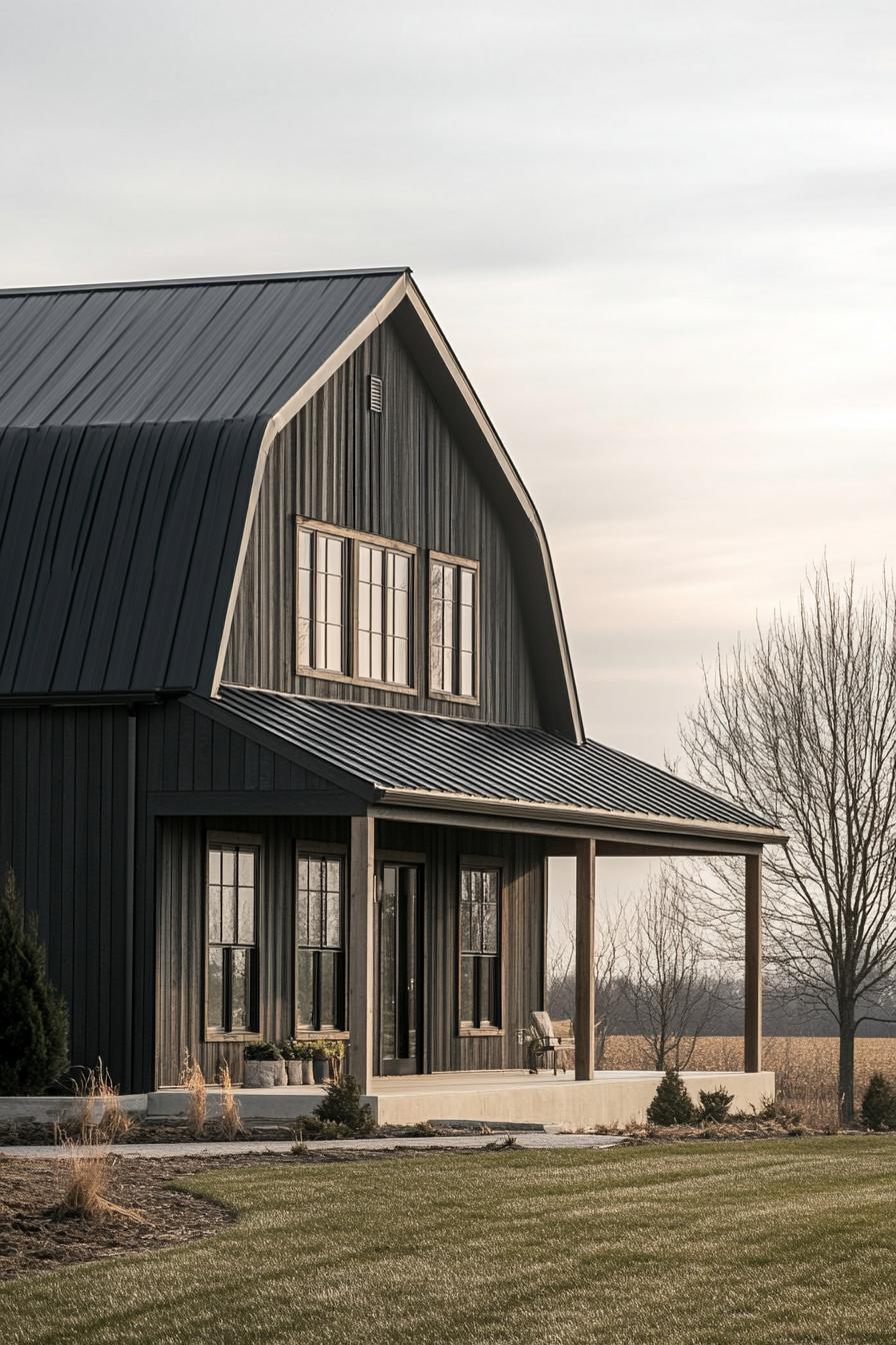 barn home with large gambrel roof rustic siding modern windows large porch with metal siding farmland landscape 2