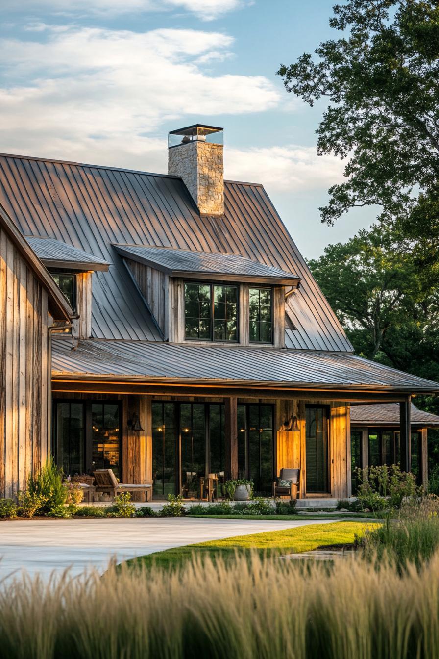 barn home with large gambrel roof rustic siding modern windows large porch with metal siding farmland landscape 3