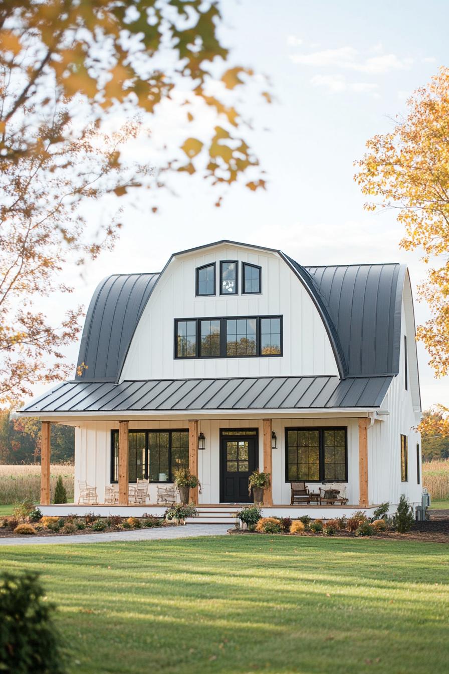 barn home with large gambrel roof rustic siding modern windows large porch with metal siding farmland landscape