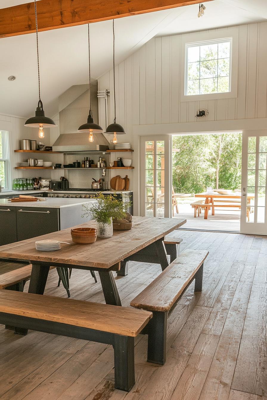 barndominium open plan kitchen with farmhouse and modern elements and farmhouse dining table with benches 1