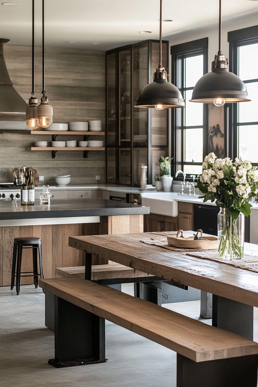 barndominium open plan kitchen with farmhouse and modern elements and farmhouse dining table with benches 2