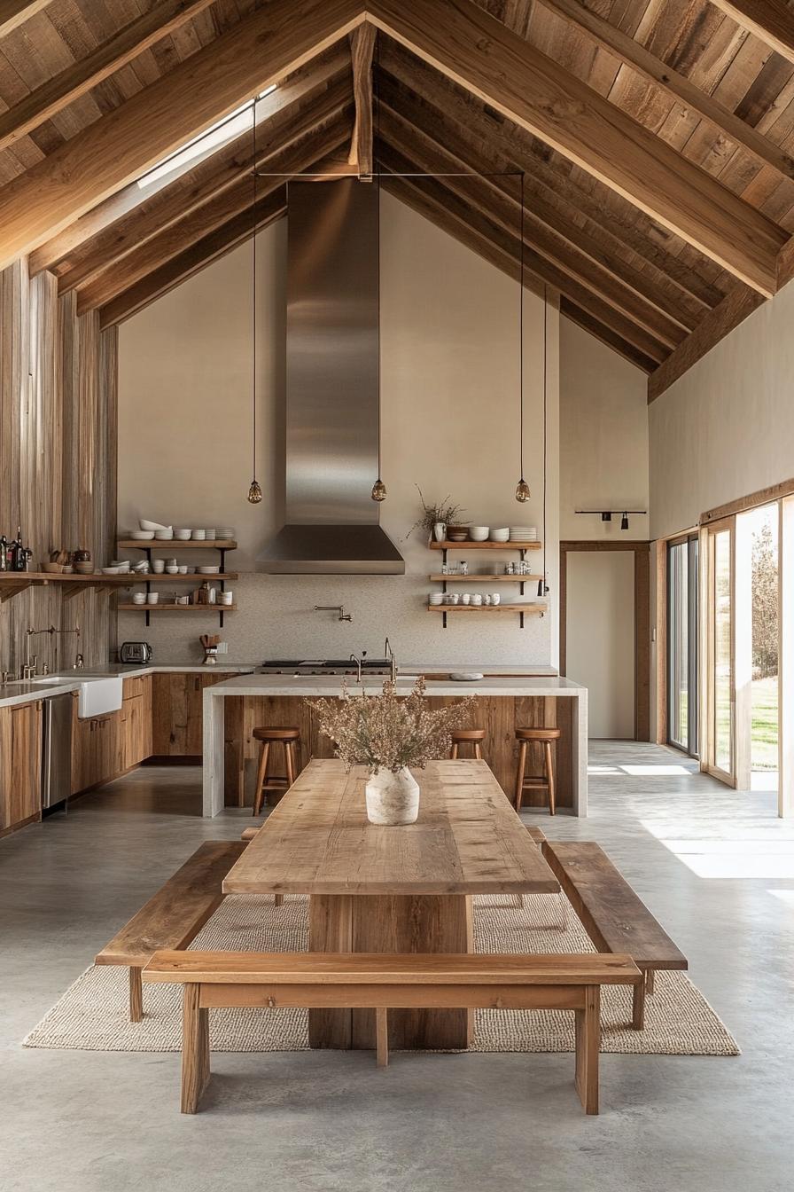 barndominium open plan kitchen with farmhouse and modern elements and farmhouse dining table with benches 3