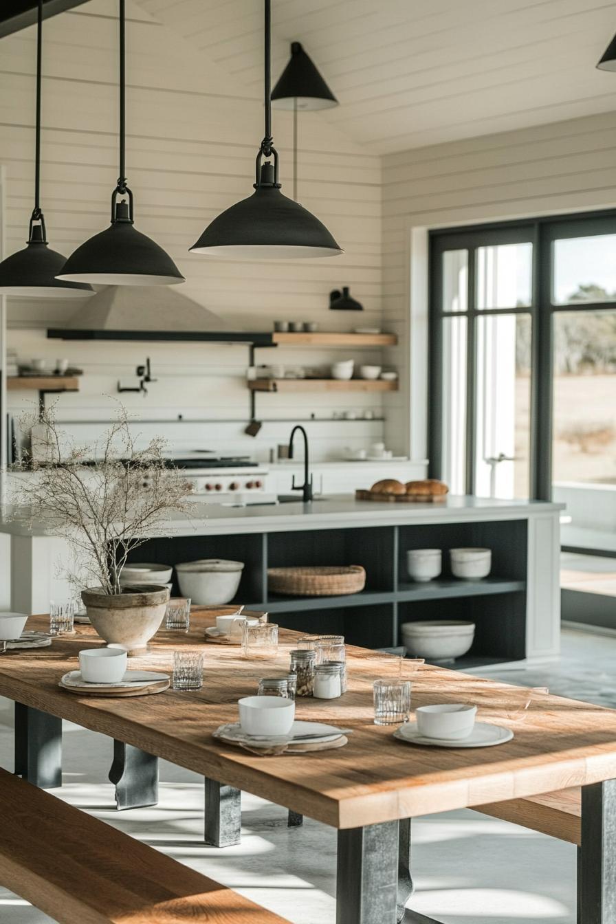 barndominium open plan kitchen with farmhouse and modern elements and farmhouse dining table with benches