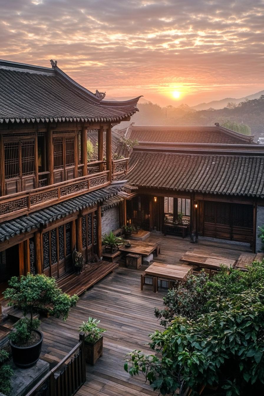 chinese inner courtyard with multi level terraces wooden deck antique chinese building detailing sunset visible over the roof from the courtyard 1