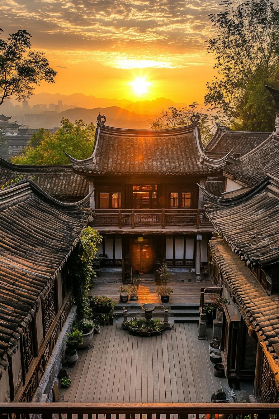 chinese inner courtyard with multi level terraces wooden deck antique chinese building detailing sunset visible over the roof from the courtyard 2