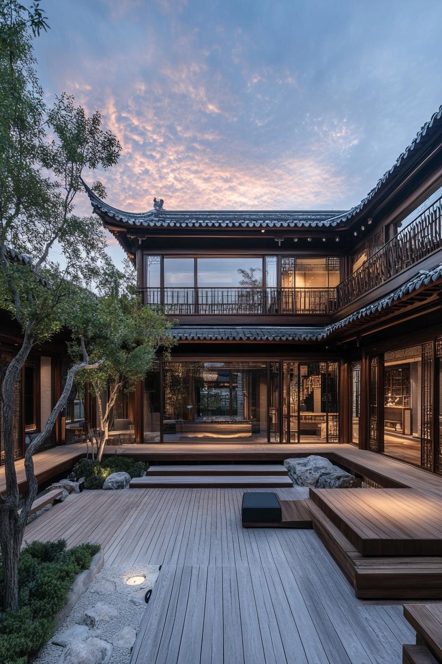 chinese inner courtyard with multi level terraces wooden deck antique chinese building detailing sunset visible over the roof from the courtyard 3