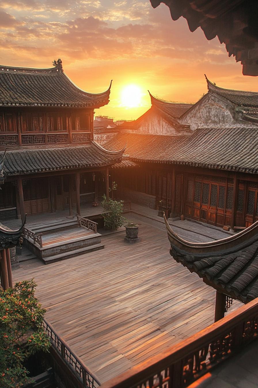 chinese inner courtyard with multi level terraces wooden deck antique chinese building detailing sunset visible over the roof from the courtyard