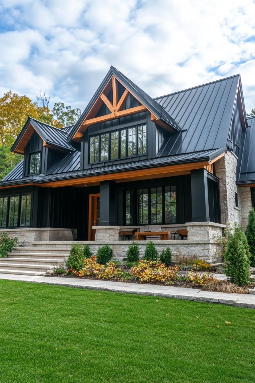 craftsman style house with dark siding black metal roof natural wood trim stone foundation large concrete patio lawn with concrete steps shrubs 1