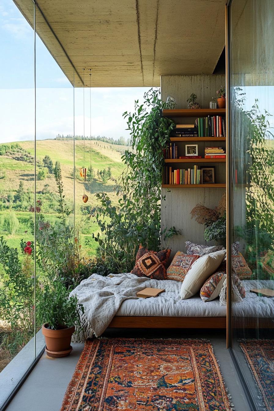 Glass-walled nook with books and pillows, overlooking lush hills