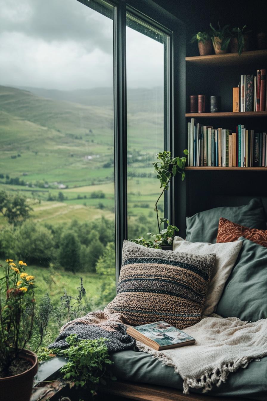 Cozy reading nook with mountain view