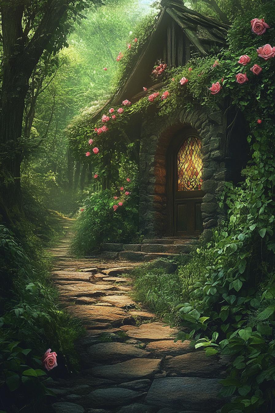 fairytale forest cabin overgrown with rose vines stone path lush forest 1