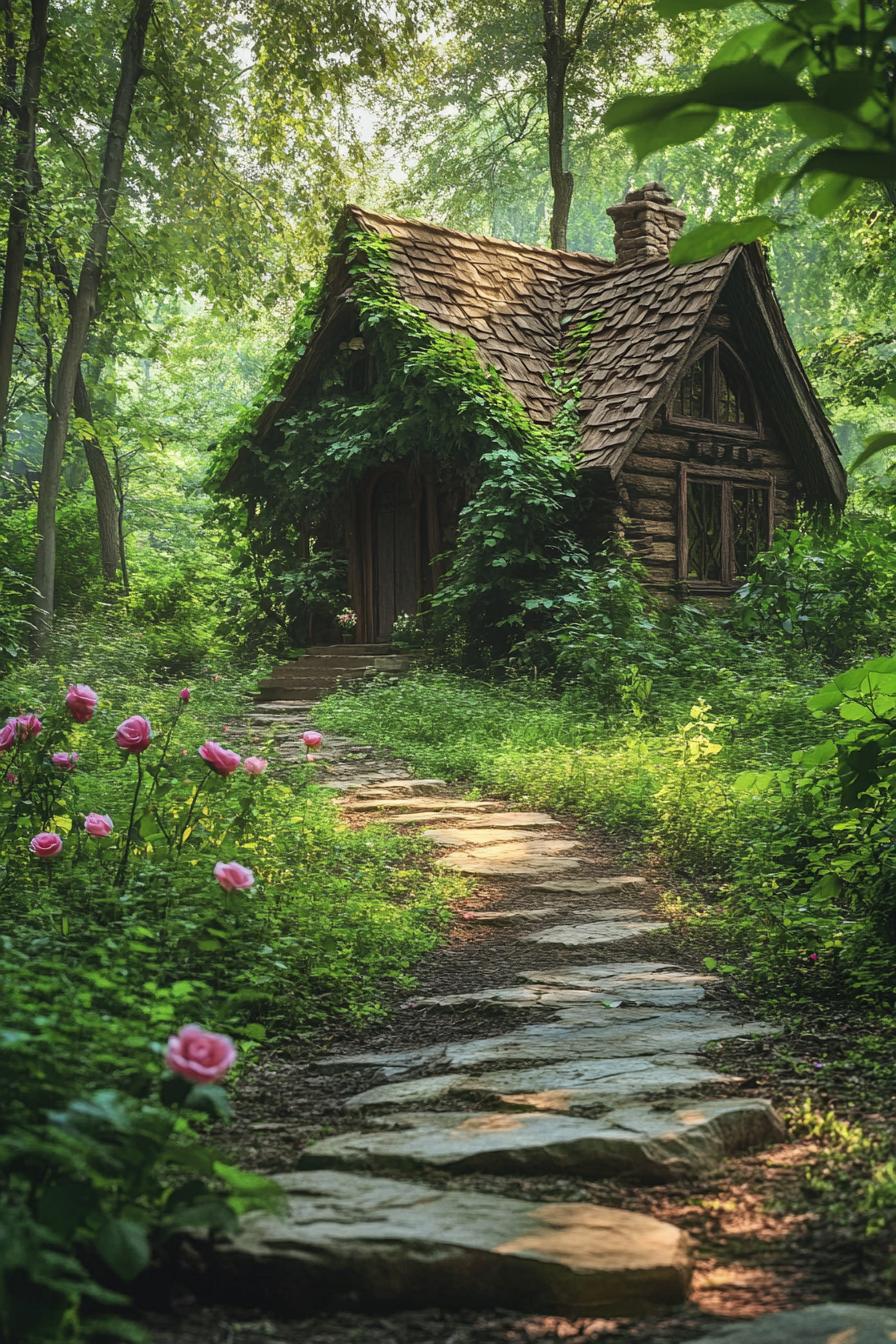 fairytale forest cabin overgrown with rose vines stone path lush forest 2