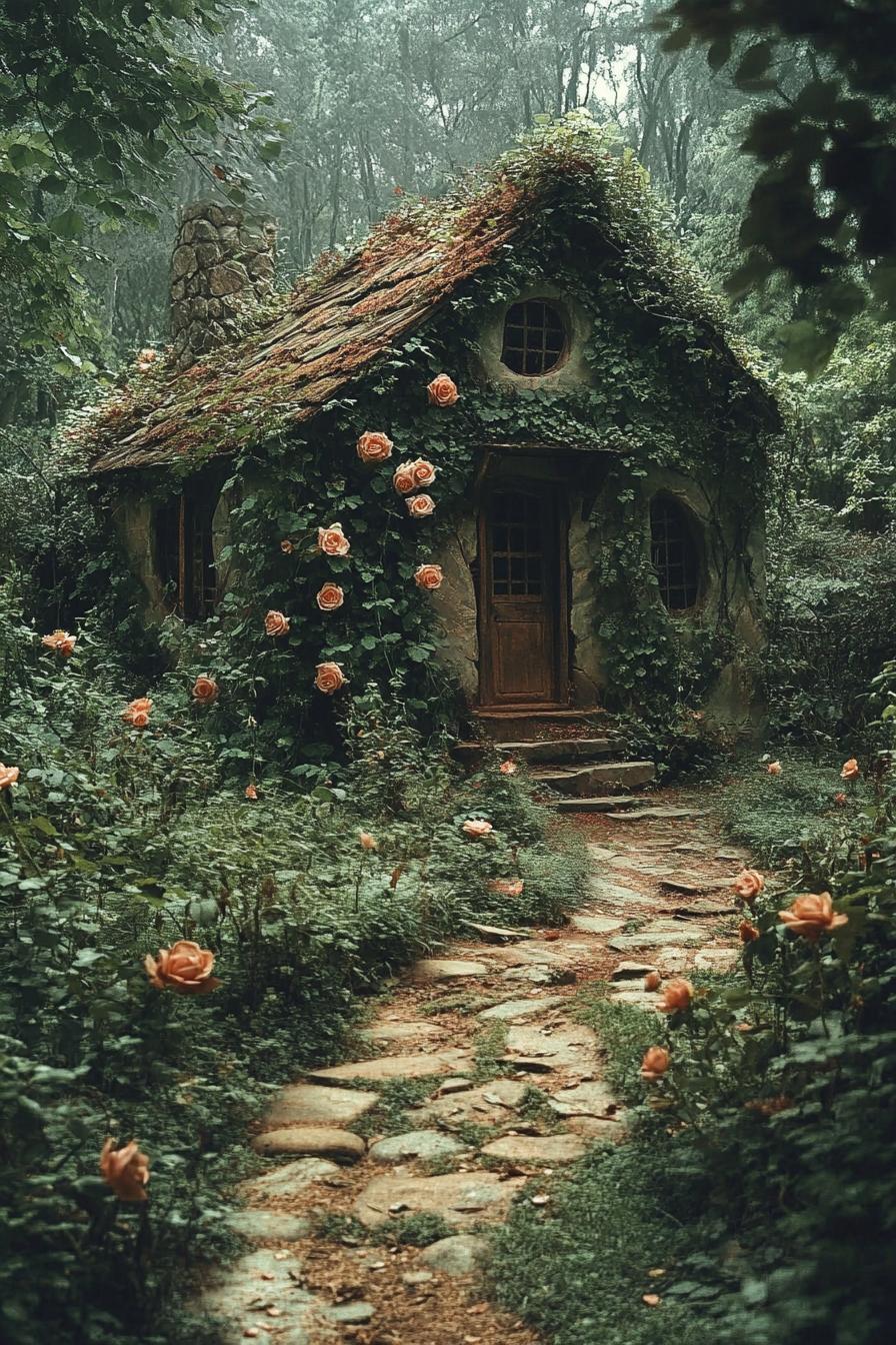 fairytale forest cabin overgrown with rose vines stone path lush forest