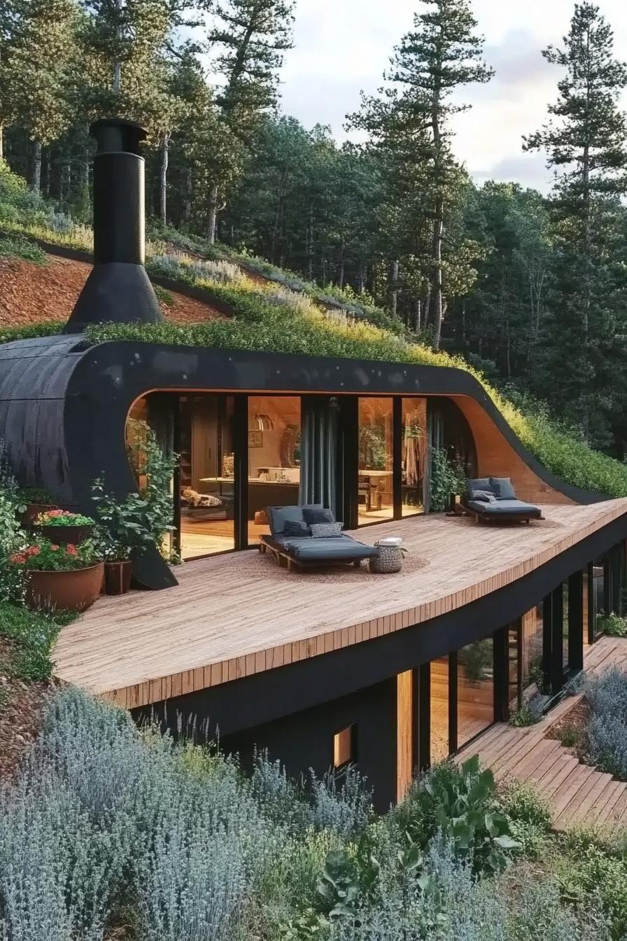 forest earthship modern house with a deck