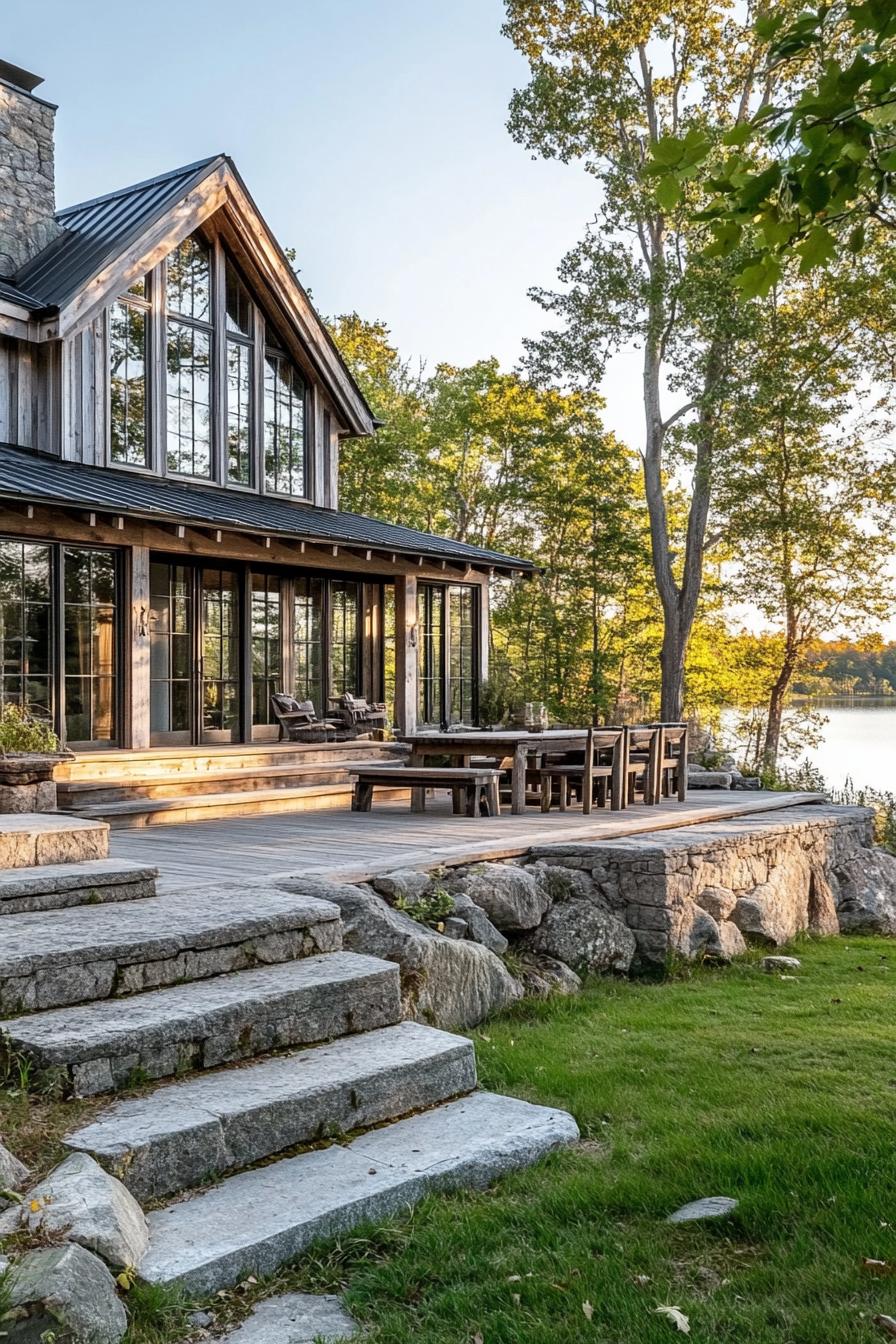 forest lodge on a lakeside with stunning lake views large patio on stone foundation access to the lake by steps grass field in front with a rustic 1