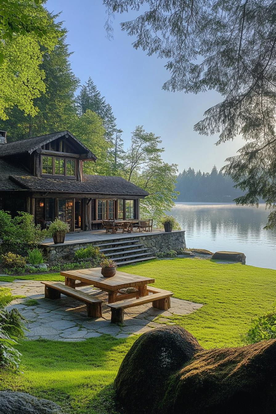 forest lodge on a lakeside with stunning lake views large patio on stone foundation access to the lake by steps grass field in front with a rustic