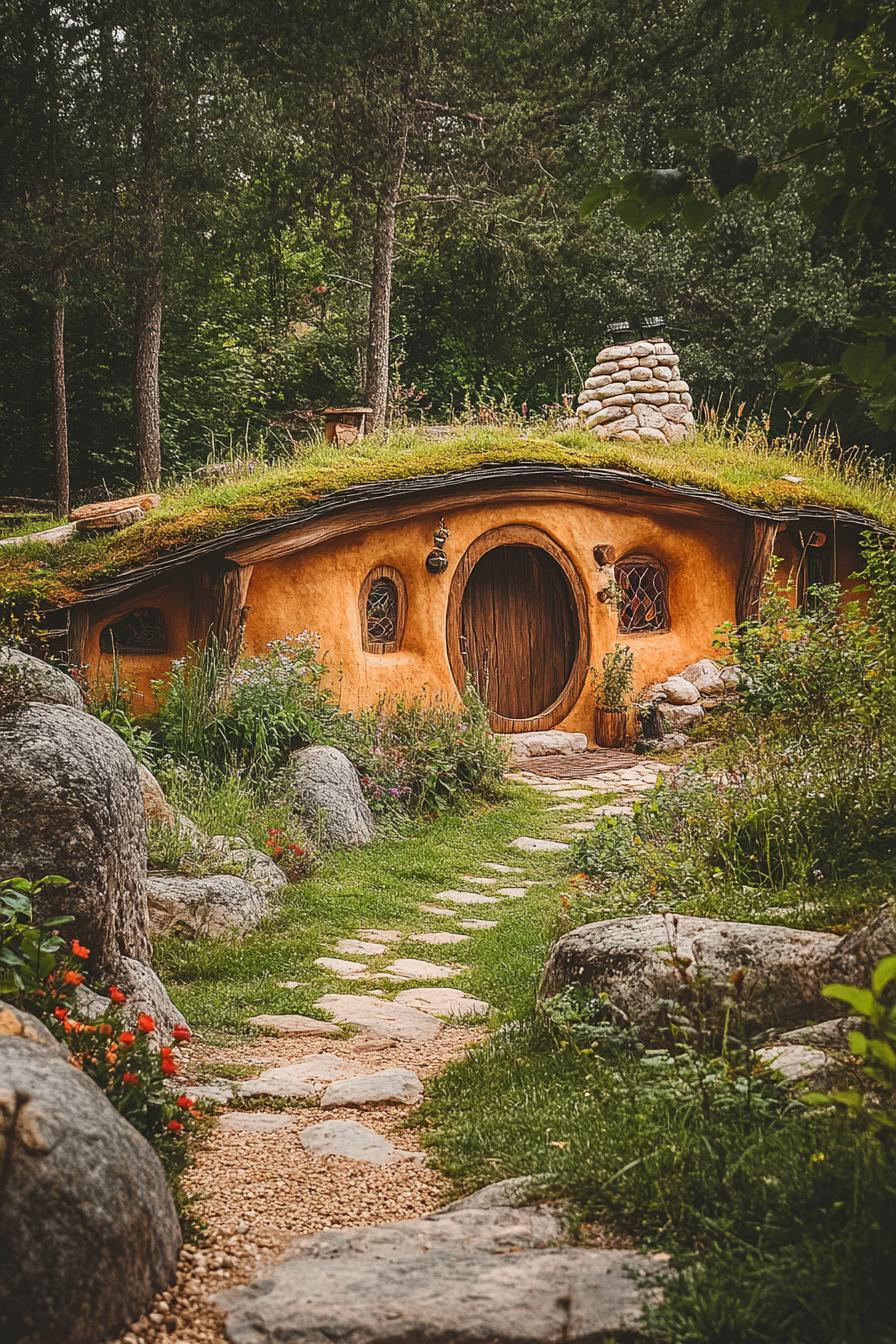 hobbit style earthen house in the mountain forest clearing 1