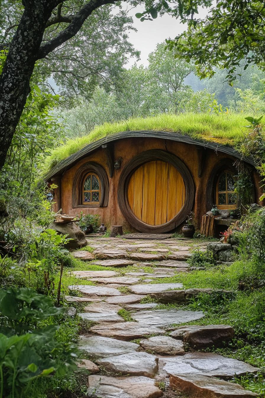 hobbit style earthen house in the mountain forest clearing 2