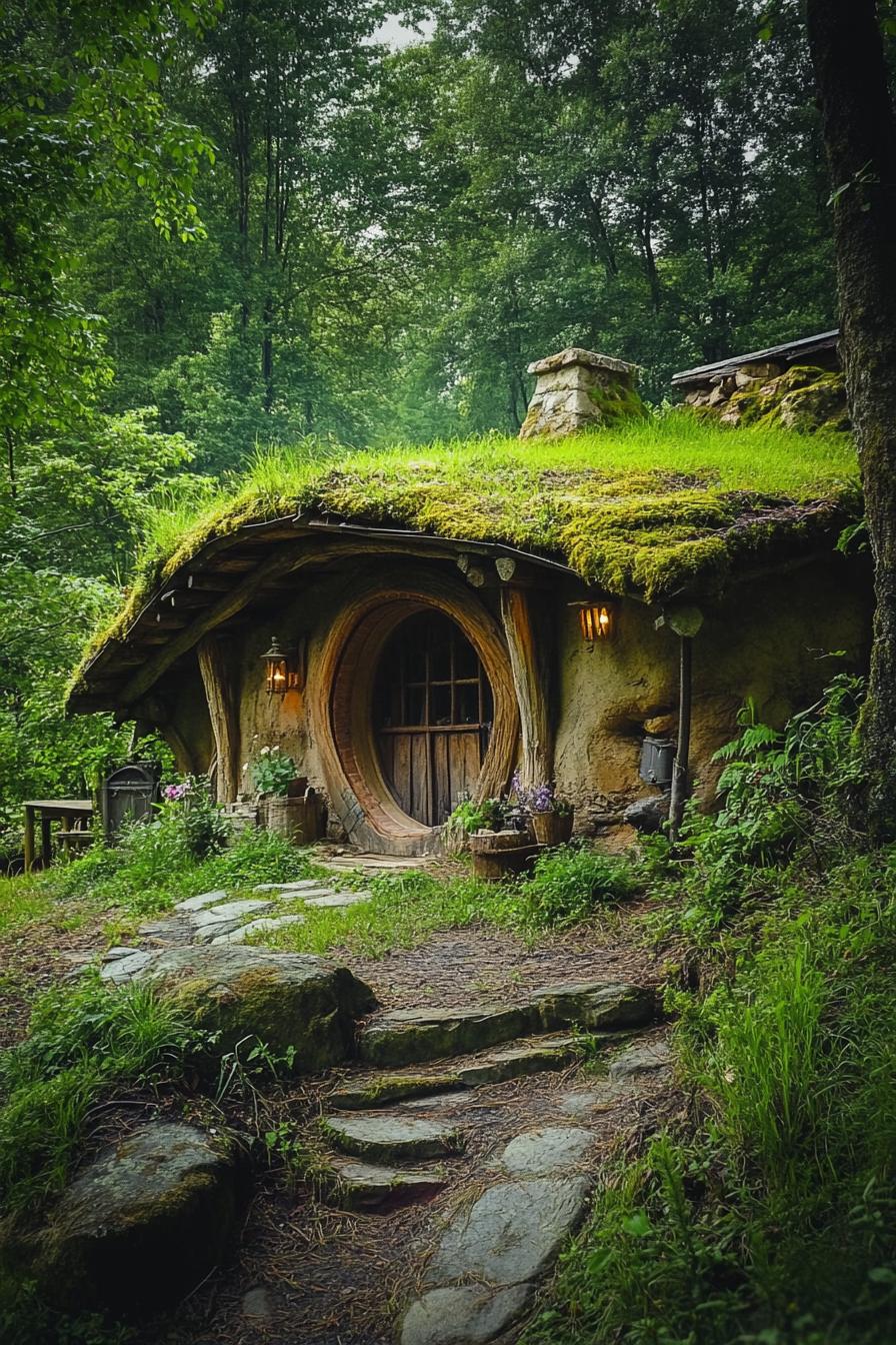 hobbit style earthen house in the mountain forest clearing 3