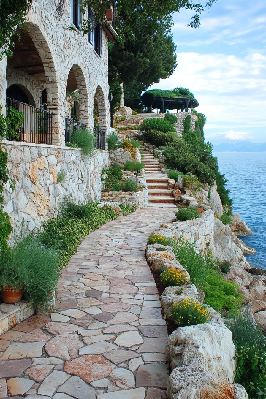 italian cliff villa with stone paved path with steps boulder borders with native plants stone facade with arches stunning sea view 1