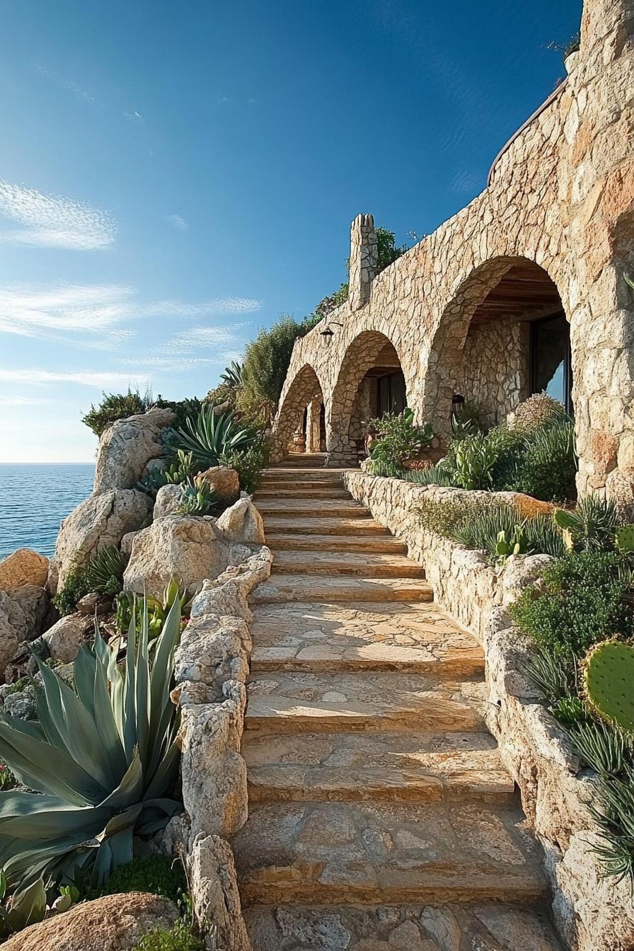 italian cliff villa with stone paved path with steps boulder borders with native plants stone facade with arches stunning sea view 2