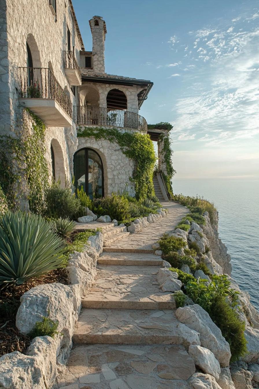 italian cliff villa with stone paved path with steps boulder borders with native plants stone facade with arches stunning sea view