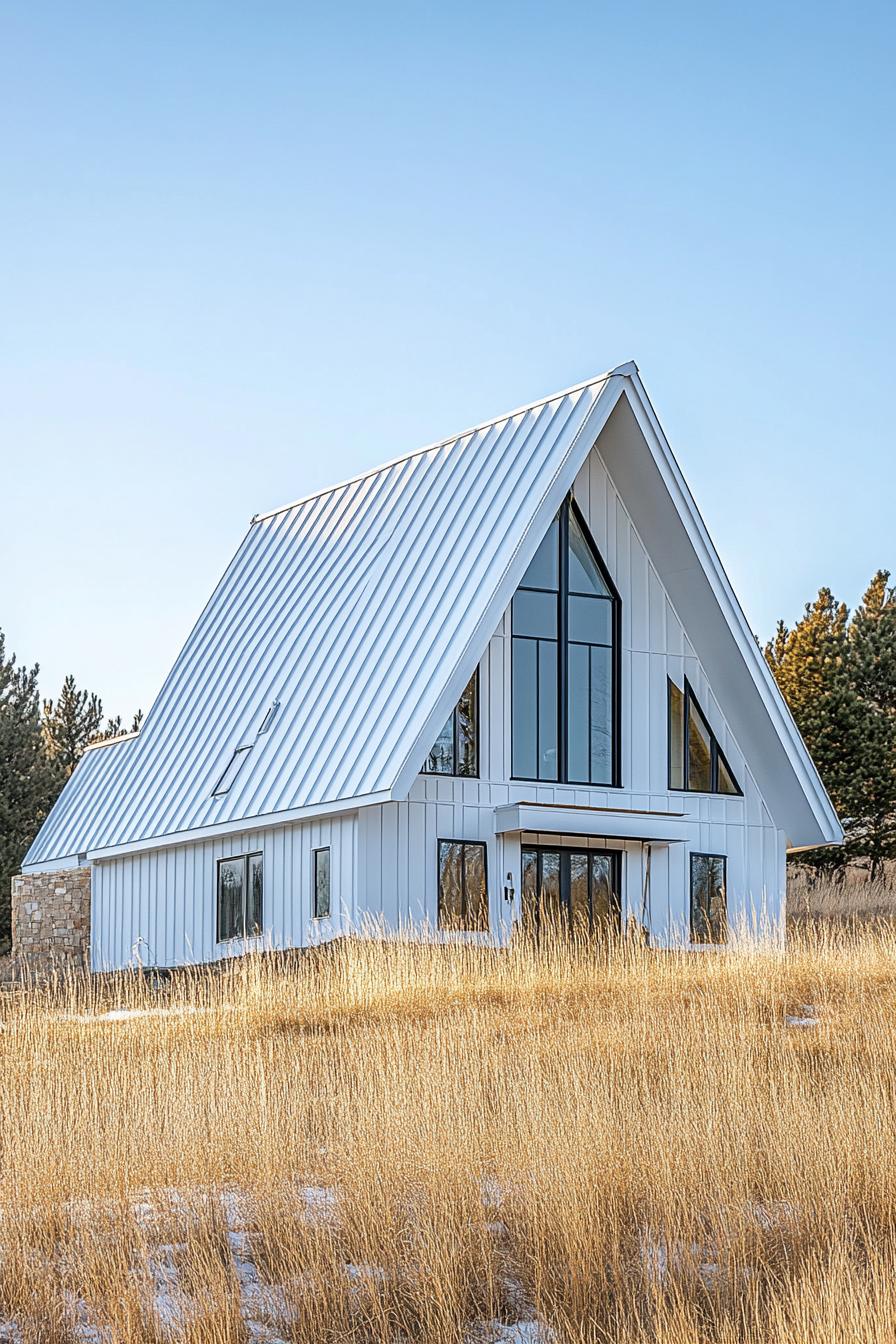 large a frame house with white metal roof new building site