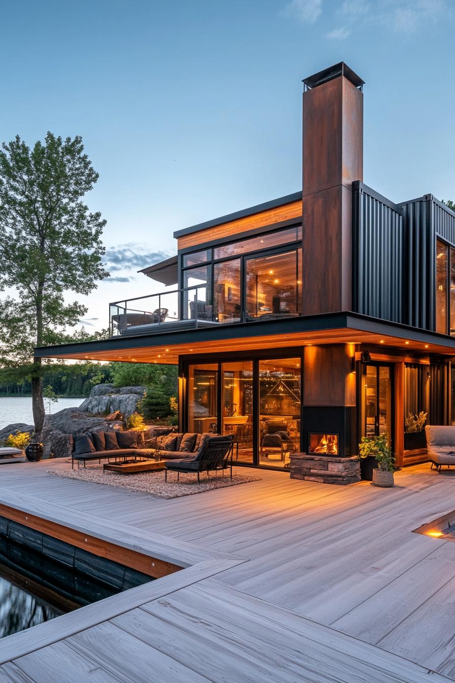 large lakeside home made of shipping containers with chimney and large deck with patio 1