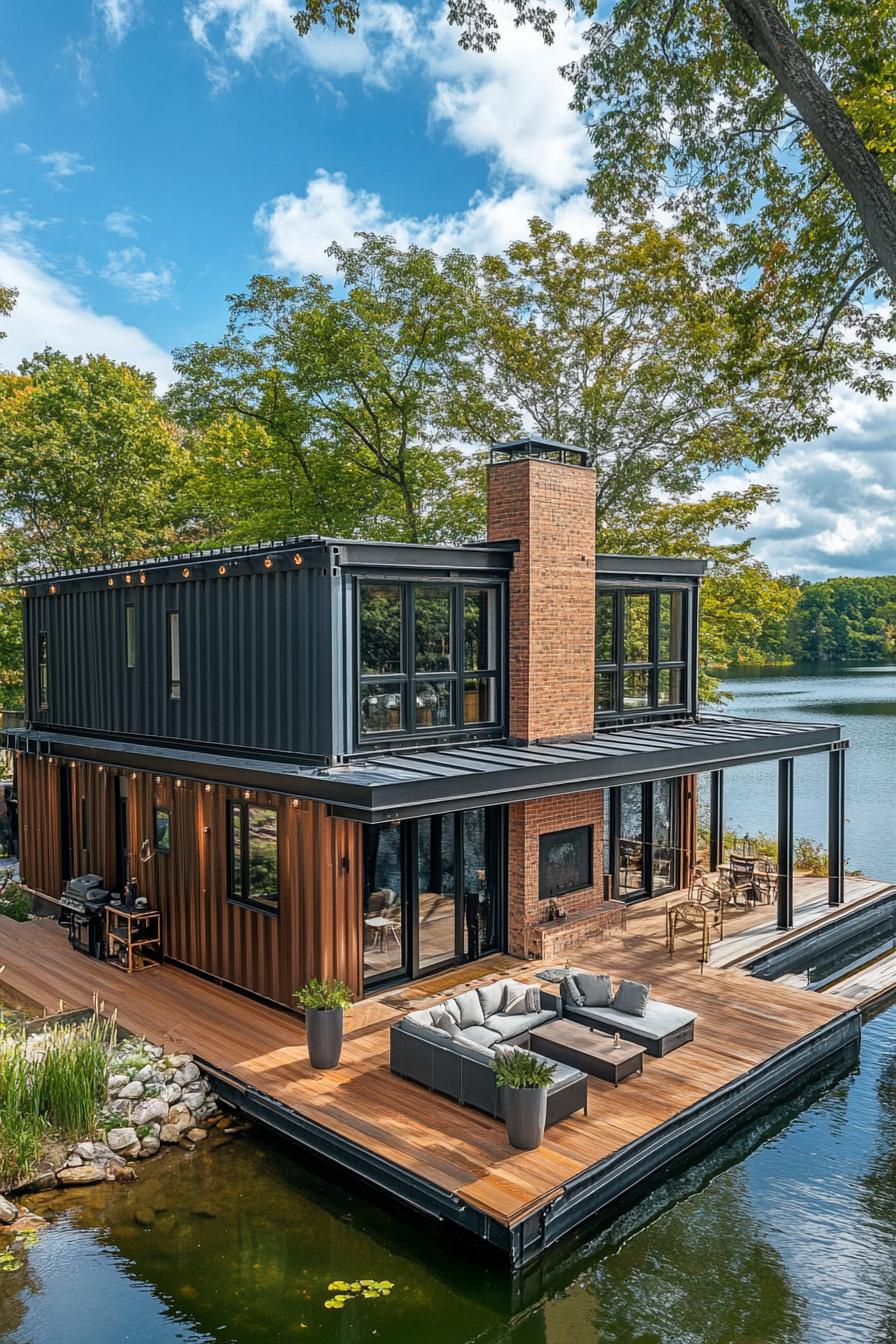 large lakeside home made of shipping containers with chimney and large deck with patio 2