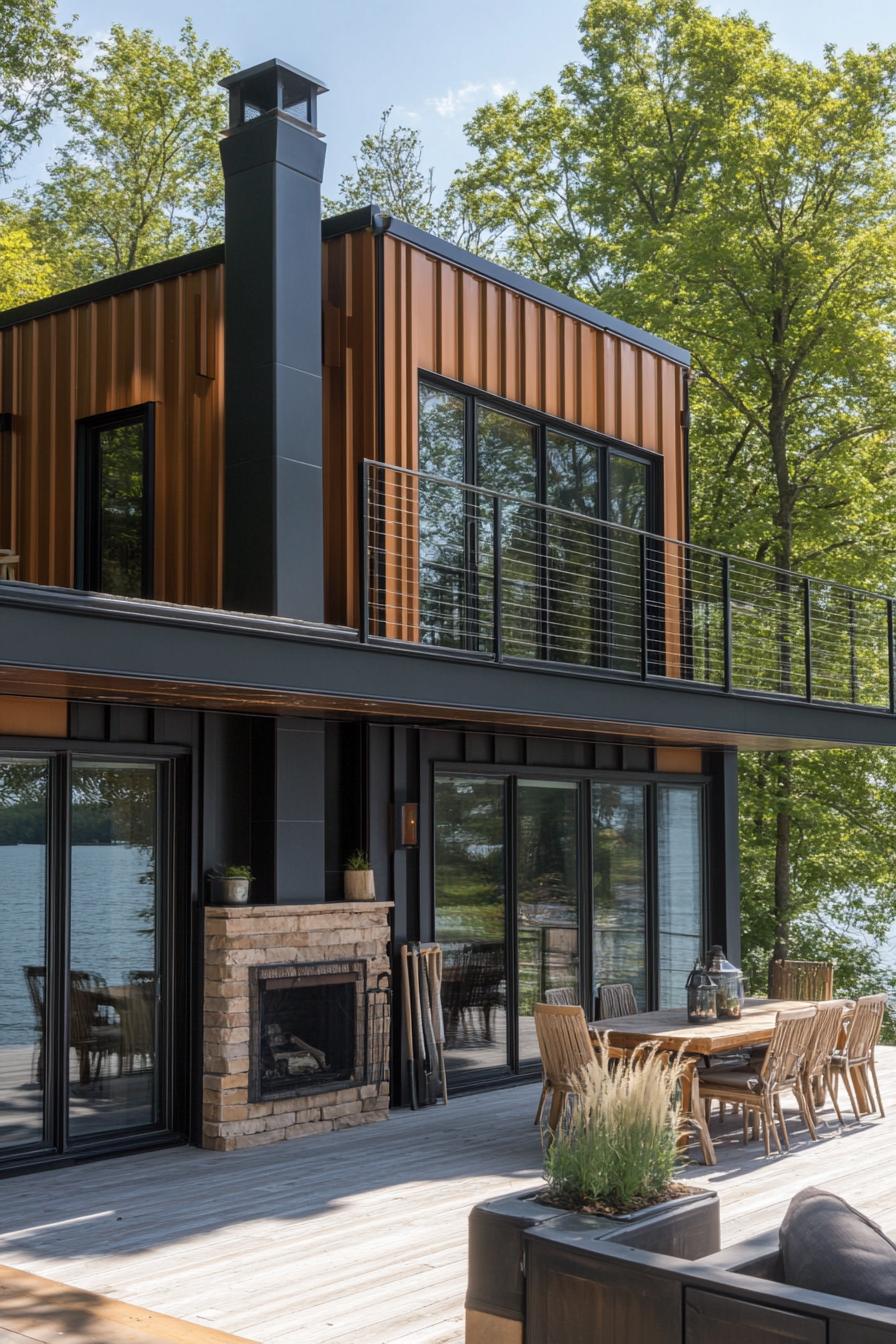 large lakeside home made of shipping containers with chimney and large deck with patio 3