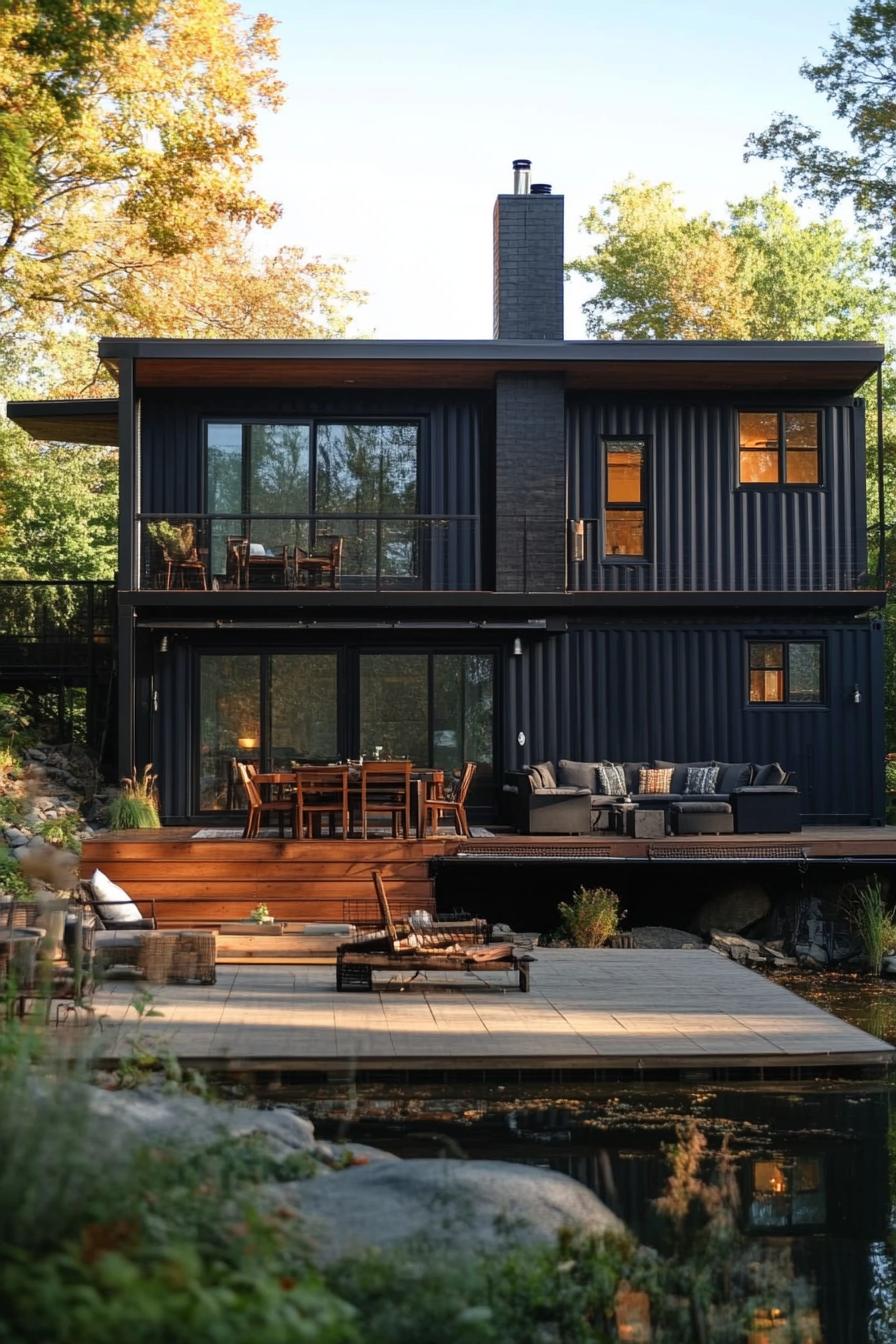 large lakeside home made of shipping containers with chimney and large deck with patio