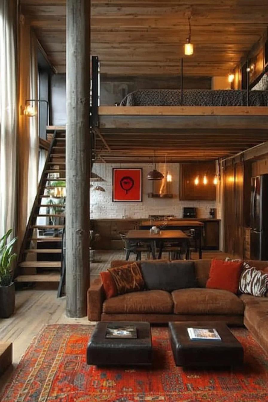 lofted apartment with rustic ceiling and wall wood planks rustic wooden column in the middle stairs lead to a lofted bedroom red poster on the 1