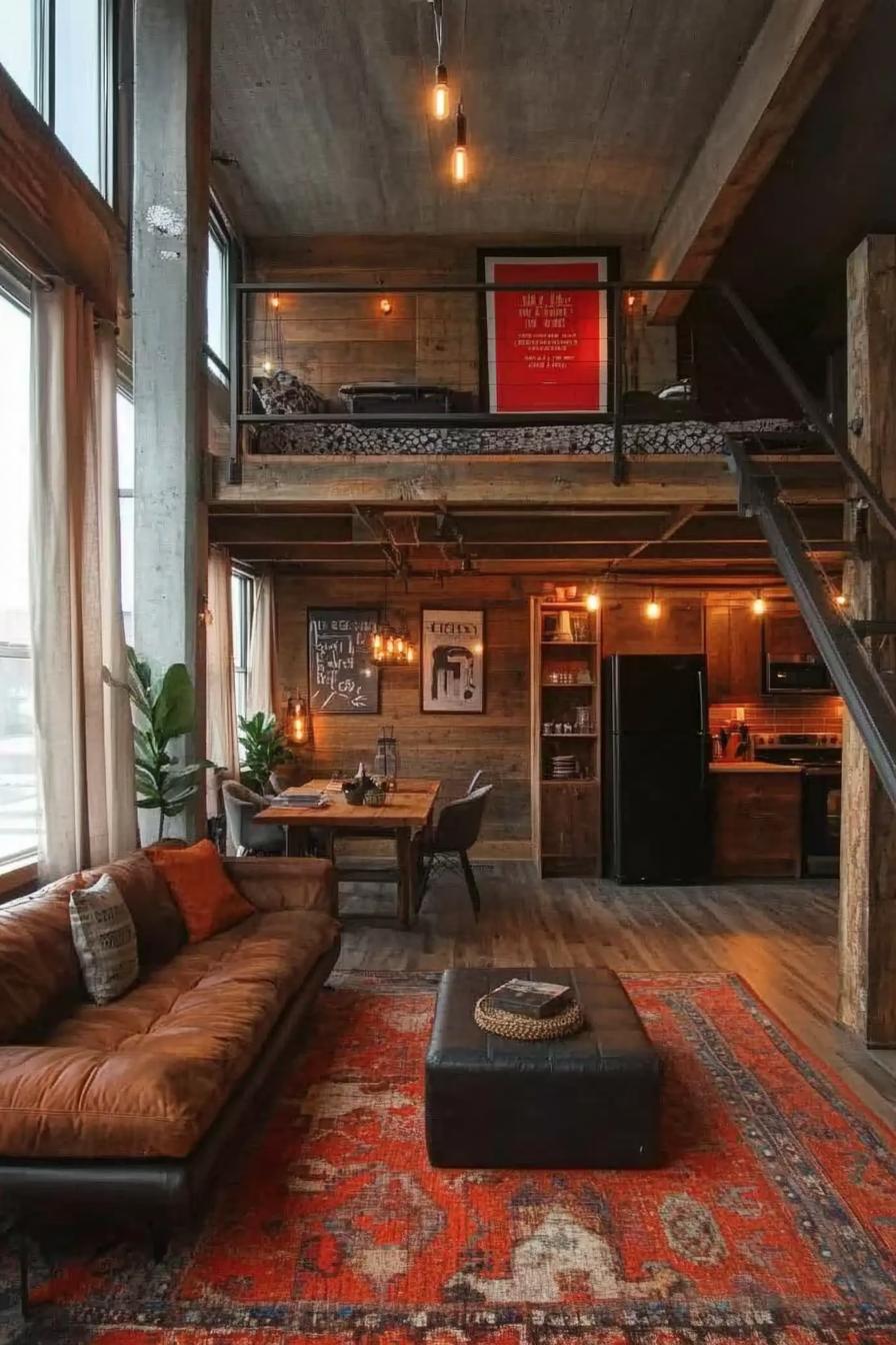 lofted apartment with rustic ceiling and wall wood planks rustic wooden column in the middle stairs lead to a lofted bedroom red poster on the 2