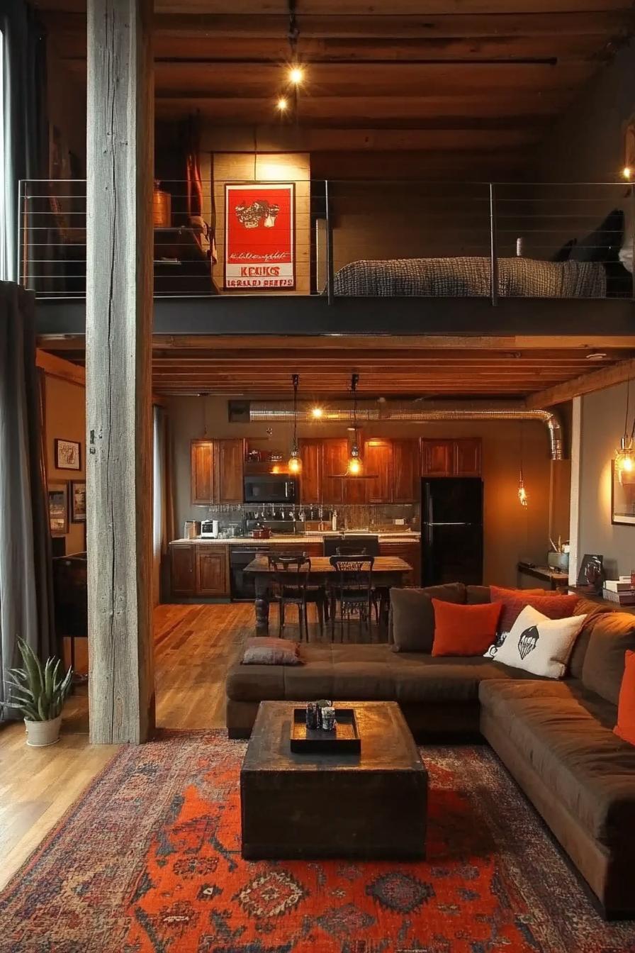 lofted apartment with rustic ceiling and wall wood planks rustic wooden column in the middle stairs lead to a lofted bedroom red poster on the 3