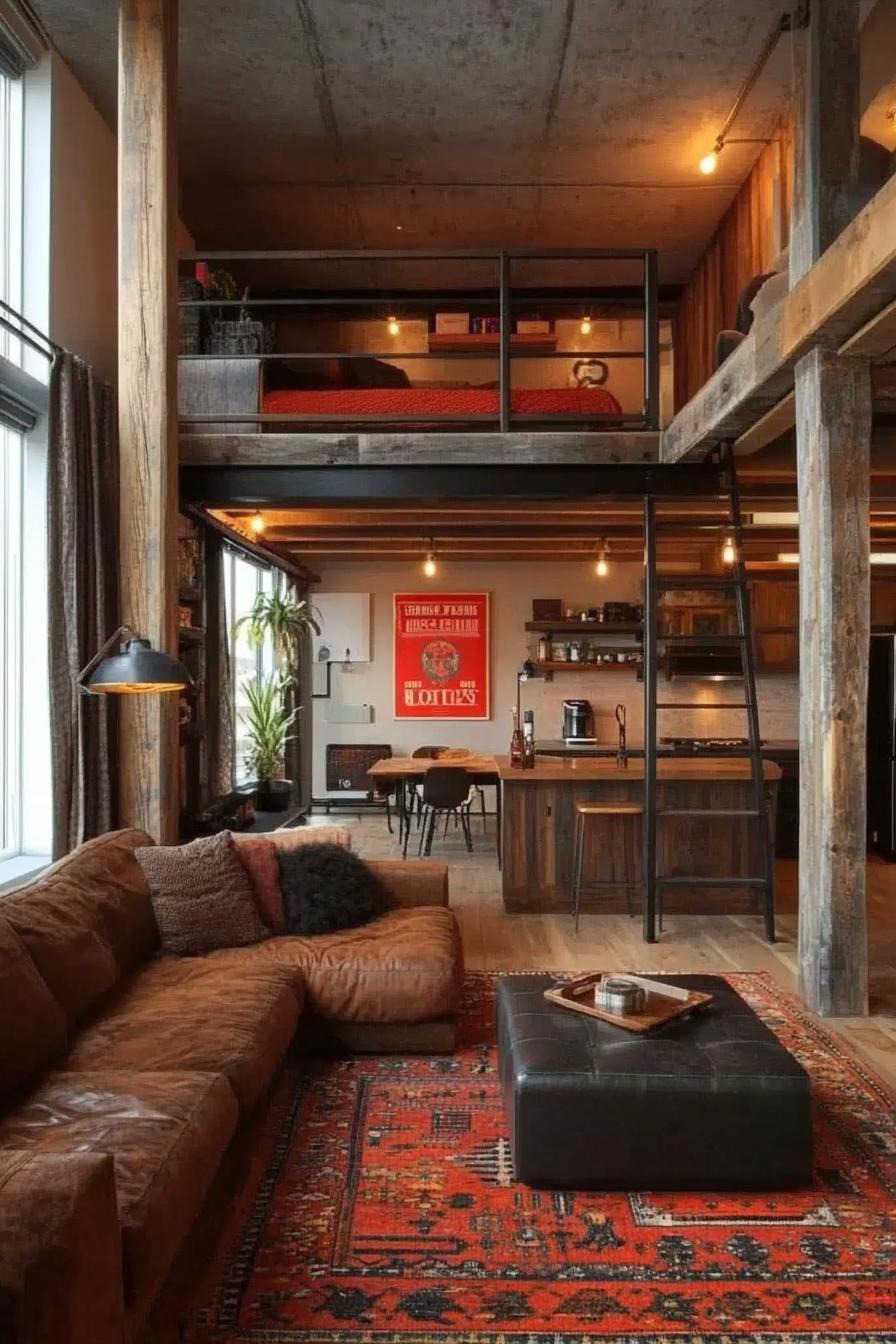 lofted apartment with rustic ceiling and wall wood planks rustic wooden column in the middle stairs lead to a lofted bedroom red poster on the