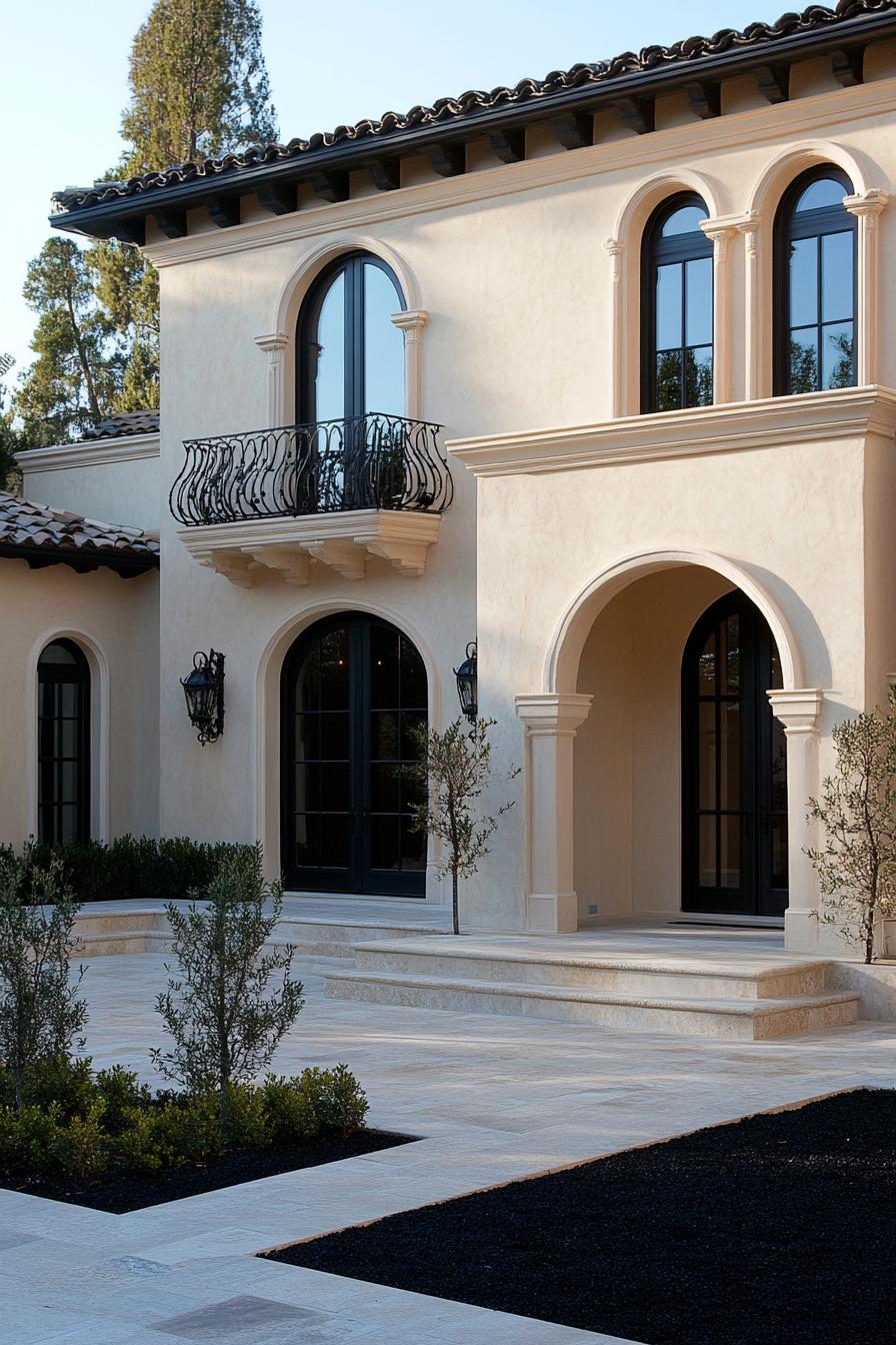 mediterranean villa inner courtyard the villa has creamy stone lower facade and creamy stucco upper facade windows and doors are arched with ornate 1