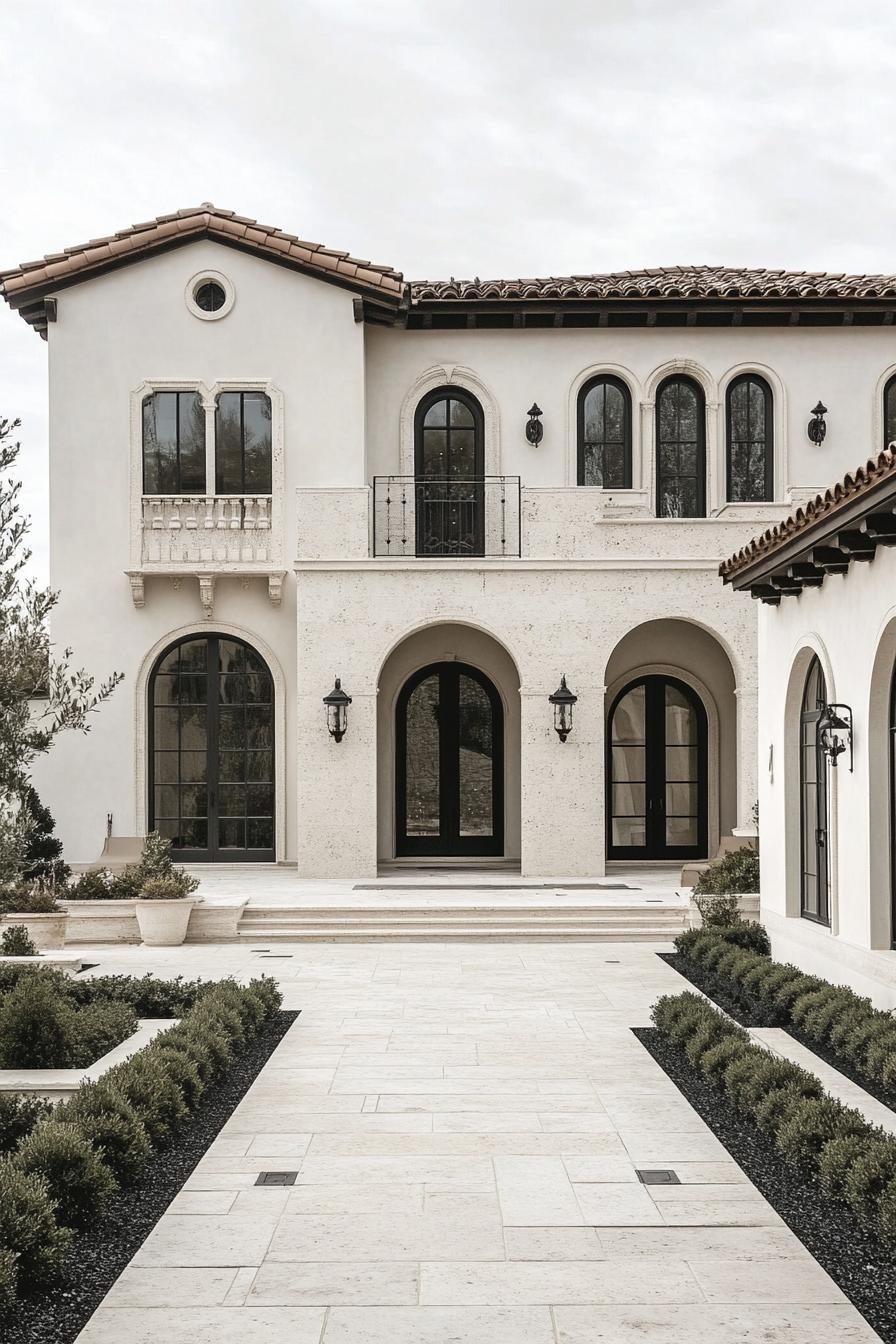 mediterranean villa inner courtyard the villa has creamy stone lower facade and creamy stucco upper facade windows and doors are arched with ornate 2