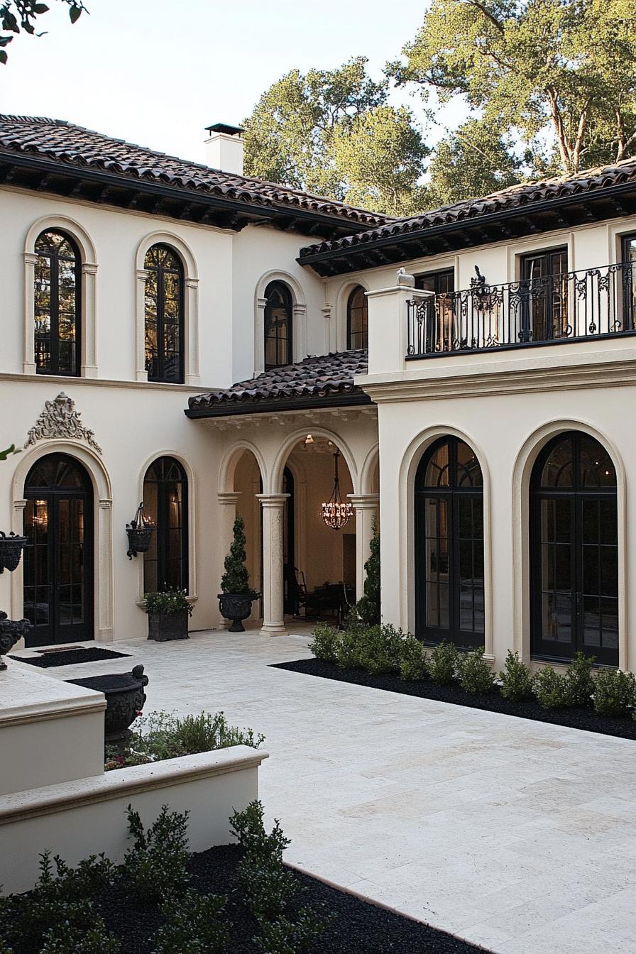 mediterranean villa inner courtyard the villa has creamy stone lower facade and creamy stucco upper facade windows and doors are arched with ornate