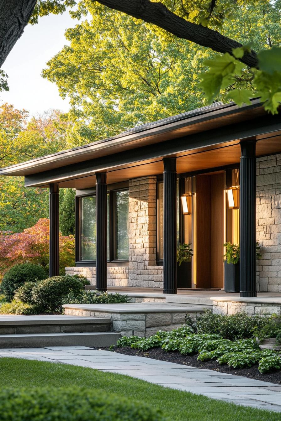 mid century modern and antique style house geometric facade with classic columns porch