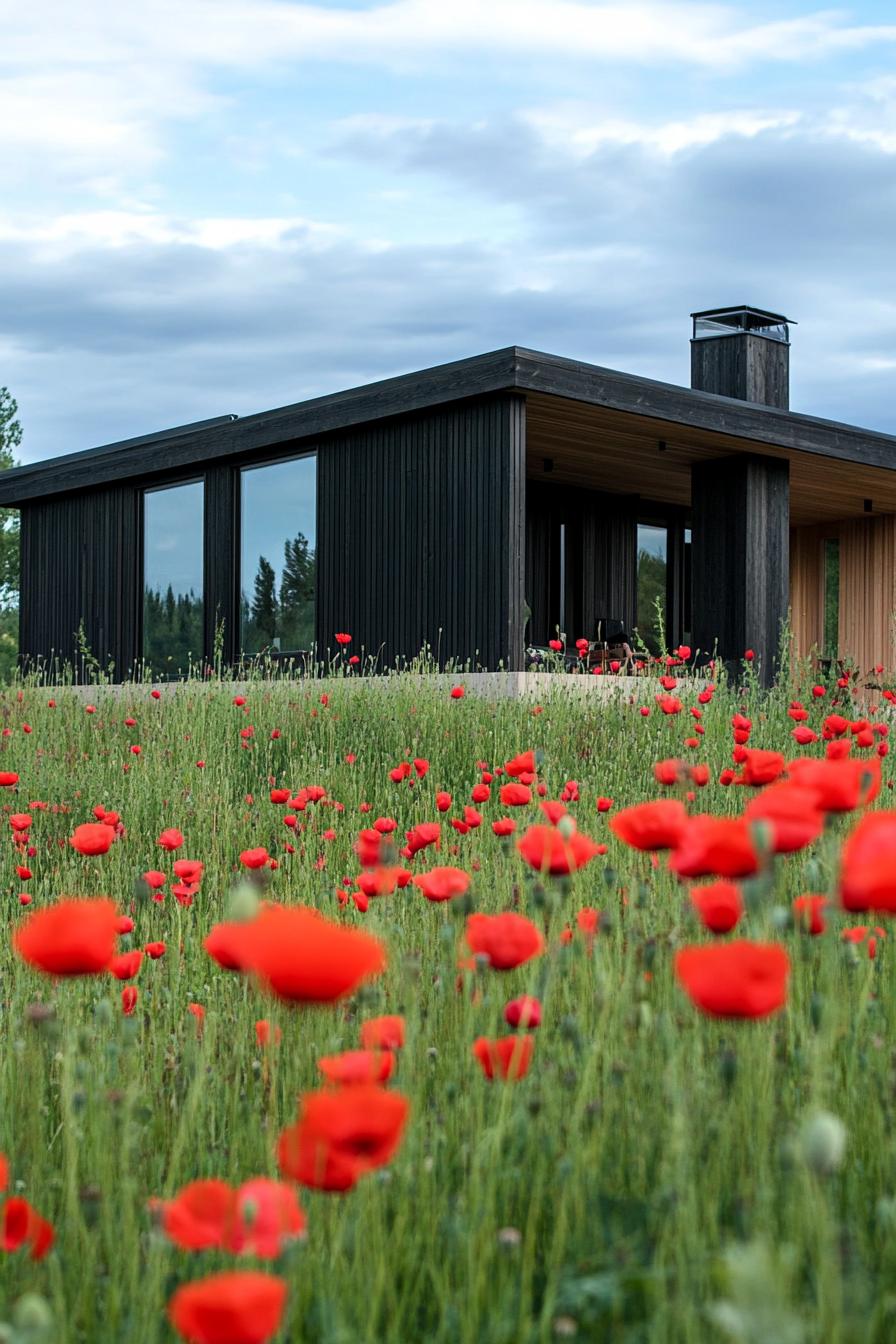 mid century modern black house facade blackwashed cedar cladding full view in a meadow of red poppies 1