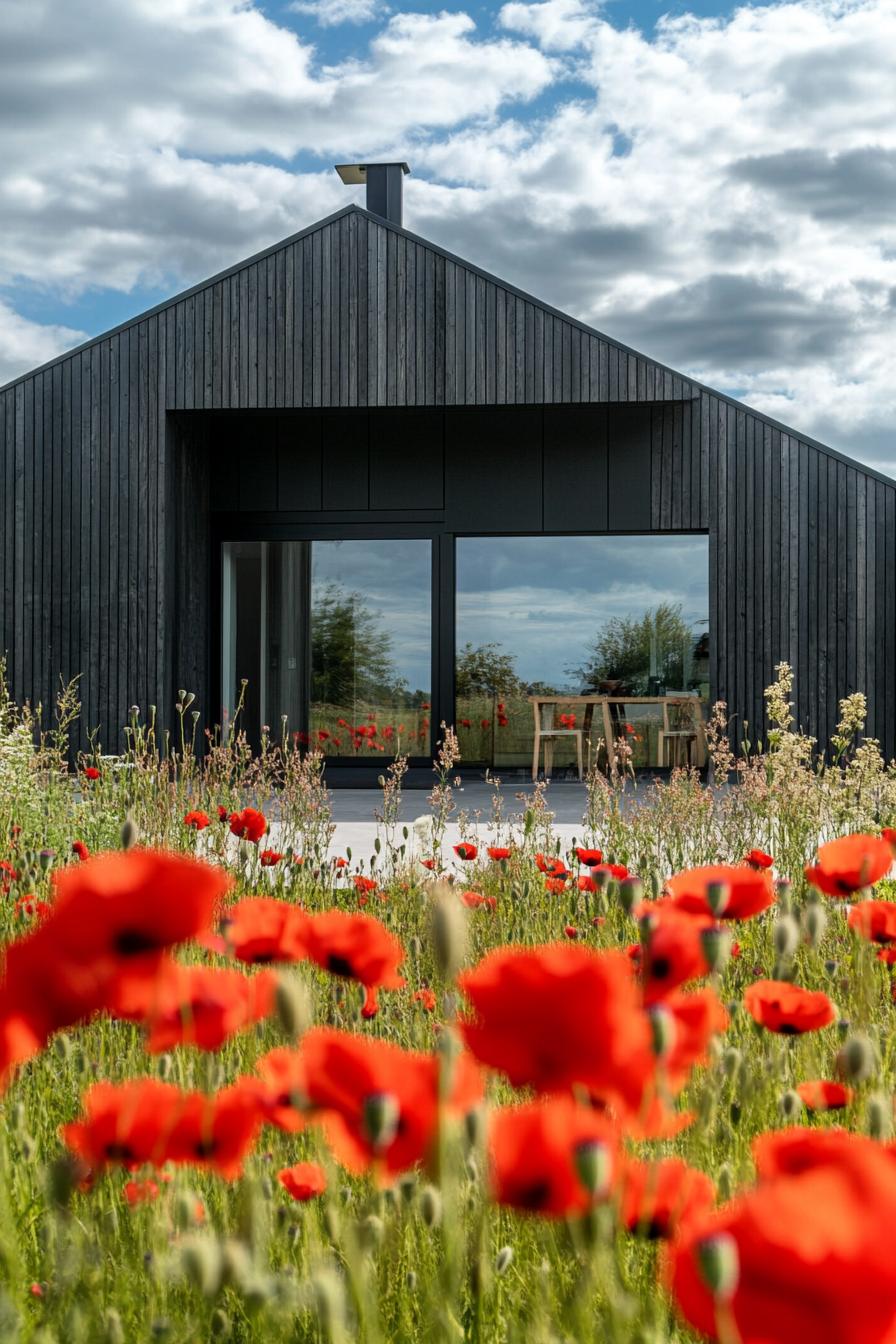 mid century modern black house facade blackwashed cedar cladding full view in a meadow of red poppies 2