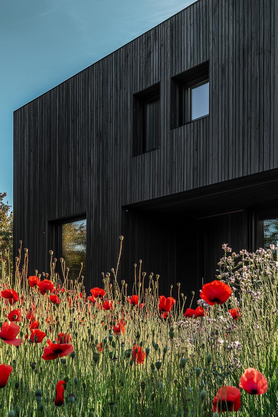 mid century modern black house facade blackwashed cedar cladding full view in a meadow of red poppies 3