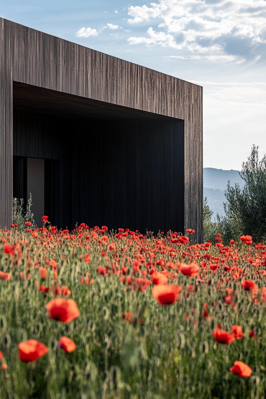 mid century modern black house facade blackwashed cedar cladding full view in a meadow of red poppies