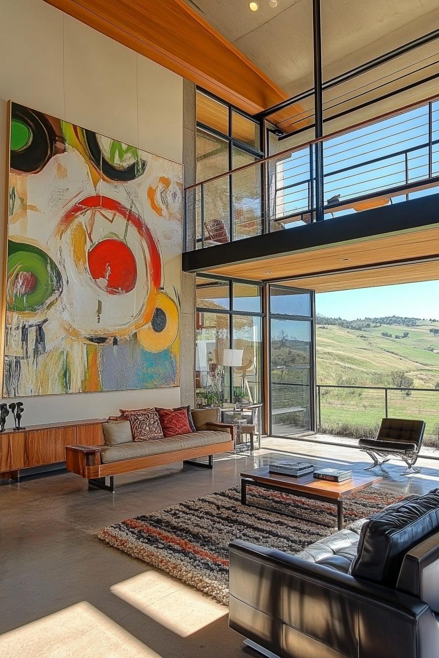 mid century modern house lofted interior with large abstract artwork wall decor and large windows overlooking green hilled valey 1