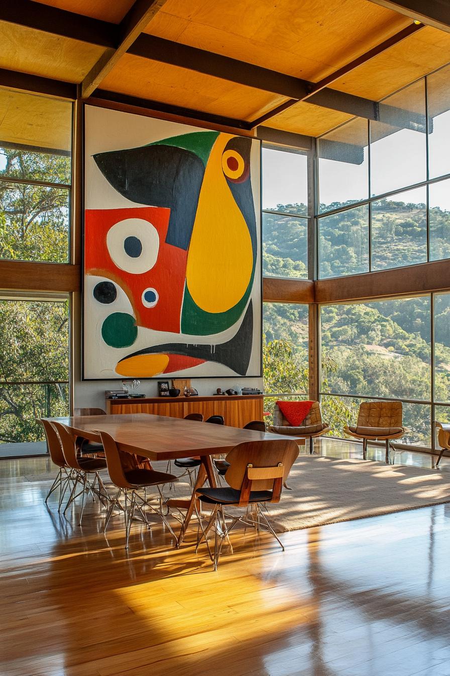 mid century modern house lofted interior with large abstract artwork wall decor and large windows overlooking green hilled valey 2