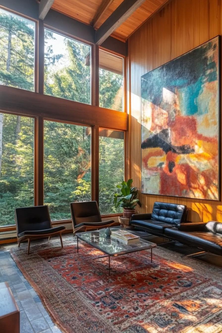 mid century modern house lofted interior with large abstract artwork wall decor and large windows overlooking green hilled valey 3